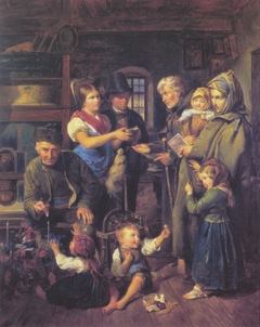 A traveling family of beggars is rewarded by poor peasants on Christmas Eve by Ferdinand Georg Waldmüller
