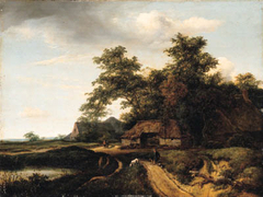 A wooded landscape with a traveller resting on a path