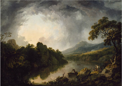 An Extensive Wooded Landscape with Fishermen Hauling in their Nets by George Barret