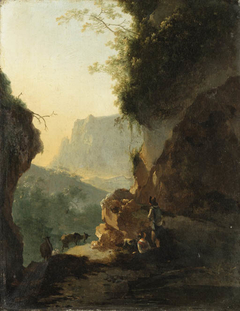 An Italianate landscape with peasants resting on a mountain path