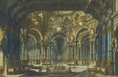 Architectural capriccio: an elaborately decorated palace interior with figures banqueting