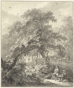 Bosgezicht met rustende reizigers onder een boom by Hendrik Meijer