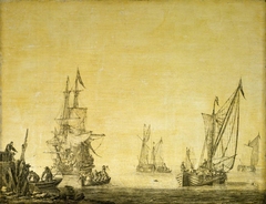 Calm: a kaag sailing out from the end of a pier by Willem van de Velde the Elder