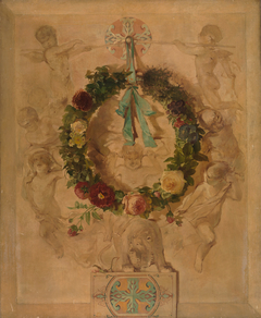 Engelengroep met bloemkrans (dessus de porte) by Charles Rochussen