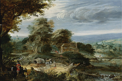 Extensive landscape with travelers on a path by a river, a cottage beyond by Pieter Stalpaert