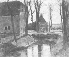 Farm buildings with trees and water ditch by Piet Mondrian