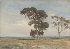 Gezicht op de heide met twee bomen by Jan Willem van Borselen