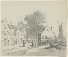 Gezicht op huizen aan de rand van Delft, rechts een vaart by Adrianus Eversen