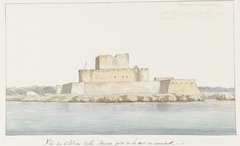 Gezicht op kasteel van San Mauro la Bruca vanaf zee bij aankomst by Louis Ducros