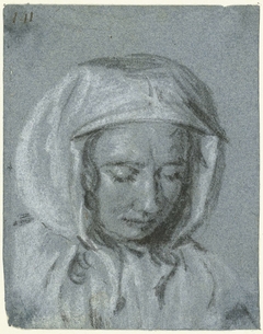 Hoofd van een vrouw met een hoofddoek, naar beneden kijkend by Moses ter Borch