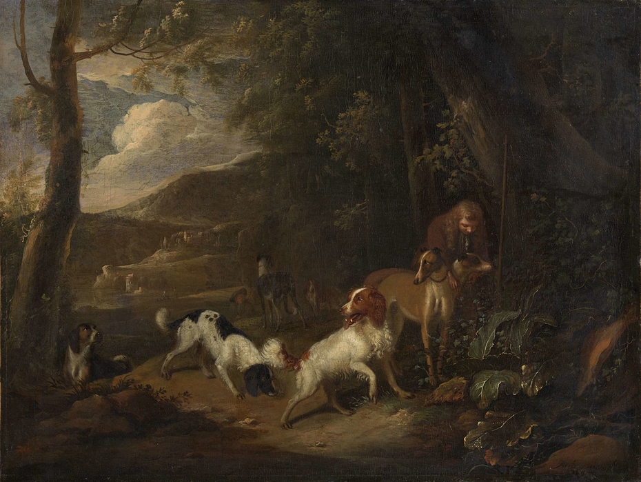 Hunter with Hounds at the Edge of a Wood