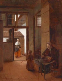Interior with a woman and a child; outside a maid is sweeping the yard