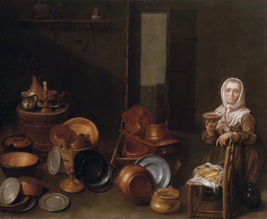 Kitchen interior with an old women
