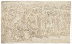 Koninklijk (?) echtpaar geknield voor een generaal by Maerten de Vos