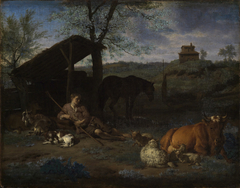 Landscape with a resting shepherd and his cattle by Adriaen van de Velde