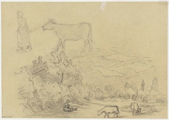 Landschap met grazende koeien en vrouw met een koe by Jozef Israëls