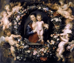 Madonna in floral wreath. by Peter Paul Rubens