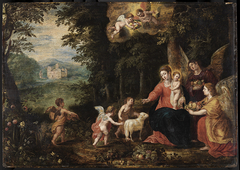 Maria mit dem Kinde, dem Johanneskaben und Engeln in einer Waldlandschaft by Hendrick van Balen the Younger