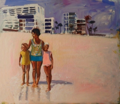 Mother and kids on beach by Katrine Storebo