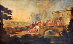 One of Four Battle Scenes: An Engagement on a Bridge outside a Fort