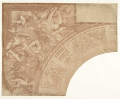 Ontwerp voor een hoekstuk van een plafond met zittende figuren, putti en buste van een sater by Mattheus Terwesten