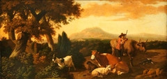 Pastoral Scene with Shepherd and a Sheep, Goat and Cows
