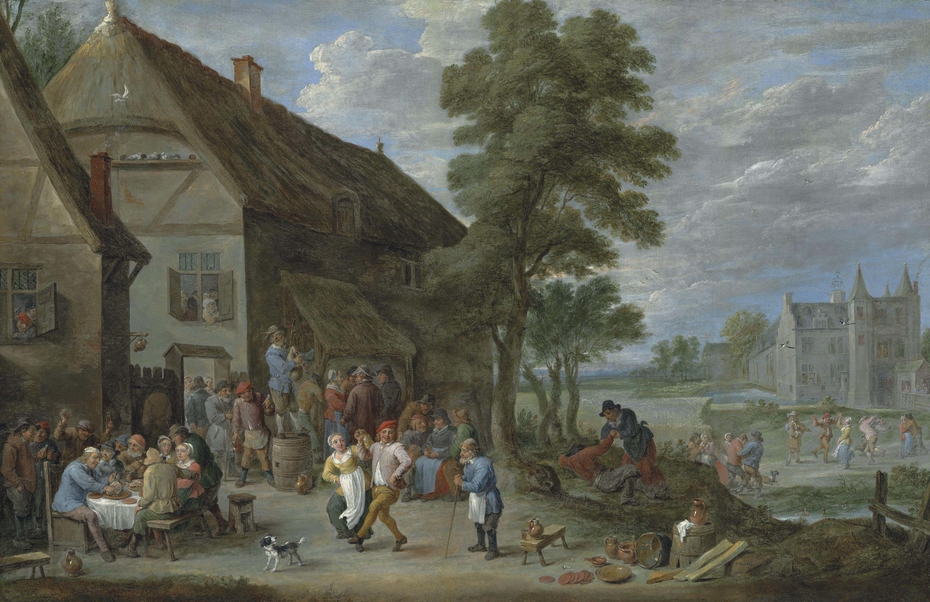 Peasants dancing outside an inn at Perck, with the Kasteel de Drij Toren beyond