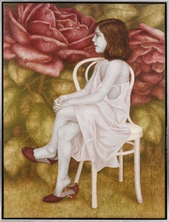 Portrait of a Girl Seated on a Chair Against a Rose Background by Alicia Carletti