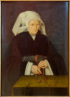 Portrait of a woman, wearing a white cornette and holding a rosary