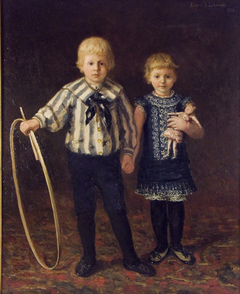 Portret van jongen en meisje met hoepel en pop by Willem Adriaan Alexander Liernur