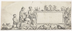 Rechthoekige cartouche met vier personen en dieren by Pieter Jansz