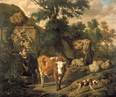 Resting Cattle near a Grave monument by Dirck van der Bergen