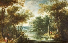 River Landscape with a Stag Hunt
