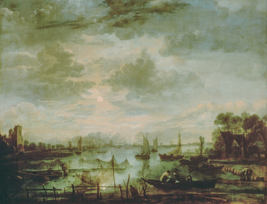 River landscape with ships by moonlight