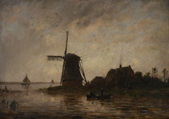 Riverlandscape with windmill in stormy weather by Alphonse Stengelin