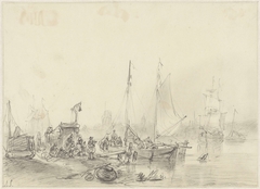 Riviergezicht met links twee schepen aan wal waar verschillende mensen omheen staan by Andreas Schelfhout