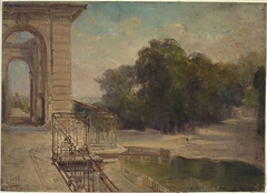 Ruines du château de Saint-Cloud : le bassin du fer à cheval vu du balcon du premier étage by Edmond Allouard
