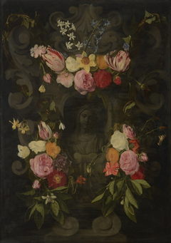 Sculpted cartouche addorned with flowers around a grisaille bust of the Virgin Mary by Daniel Seghers