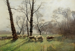 Shepherd with his Flock in the Evening Light by August Fink