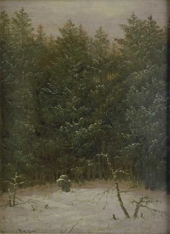 Snowy forest with stone cross by Carl Gustav Carus