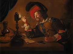 Soldier lighting his pipe from an oil lamp