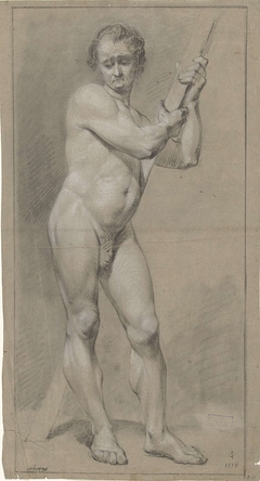 Staand mannelijk naakt, neerziend, de handen op een houten balk by Unknown Artist