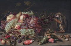 Still life of fruit, dead birds and a monkey, by Clara Peeters