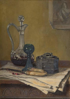 Still Life Of Newspaper , Pipe , Decanter And Jar by Claude Pratt