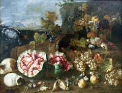 Still life with dead birds and watermelon