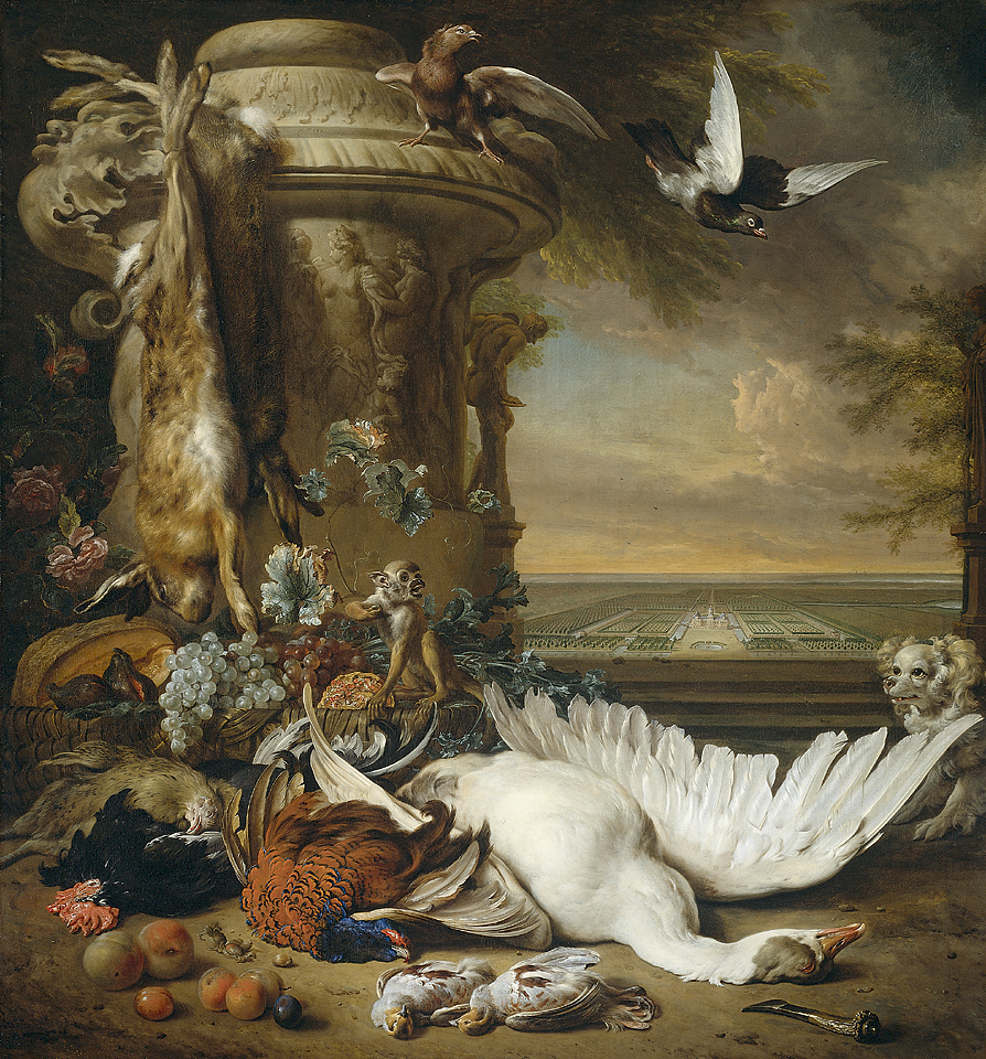 Still Life with Dead Game and Fruit beside a Garden Vase, with a Monkey, a Dog and Two Pigeons; in the Background Rijksdorp near Wassenaar, the Estate of Jonkheer Jacob Emmery, Baron of Wassenaar