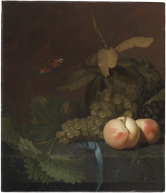 Still Life with Peaches, Grapes, and Melon and a Butterfly on a Stone Plate by Godfried Schalcken