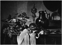 Still life with porcelain and pewter vessels on a draped table before a niche
