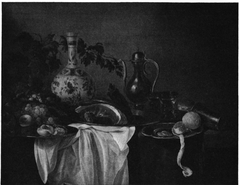 Still life with porcelain flask, decanter, ham and fruit by Cornelis Kruys