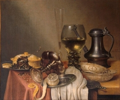 Stilleven met o.a. pastei, fluitglas en citroen by Maerten Boelema de Stomme